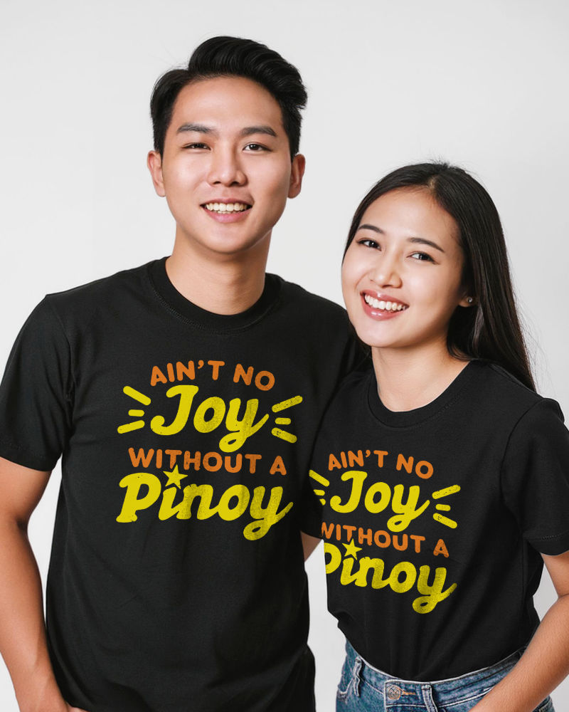 Filipino man and woman wearing unisex t-shirts