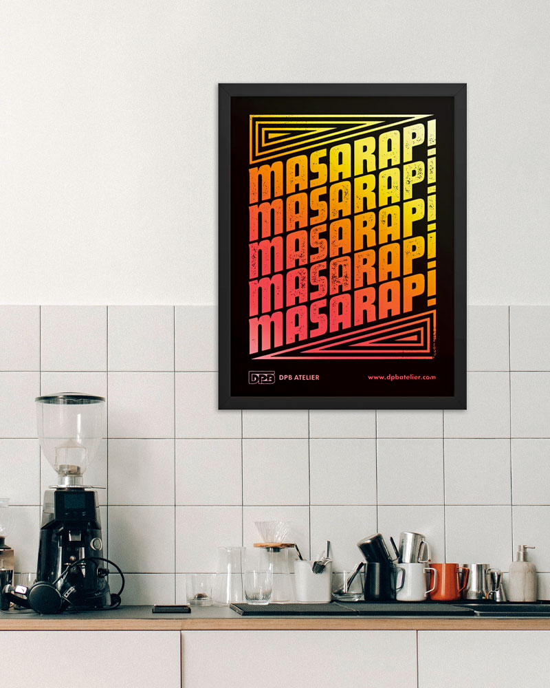 framed poster on a wall in a kitchen