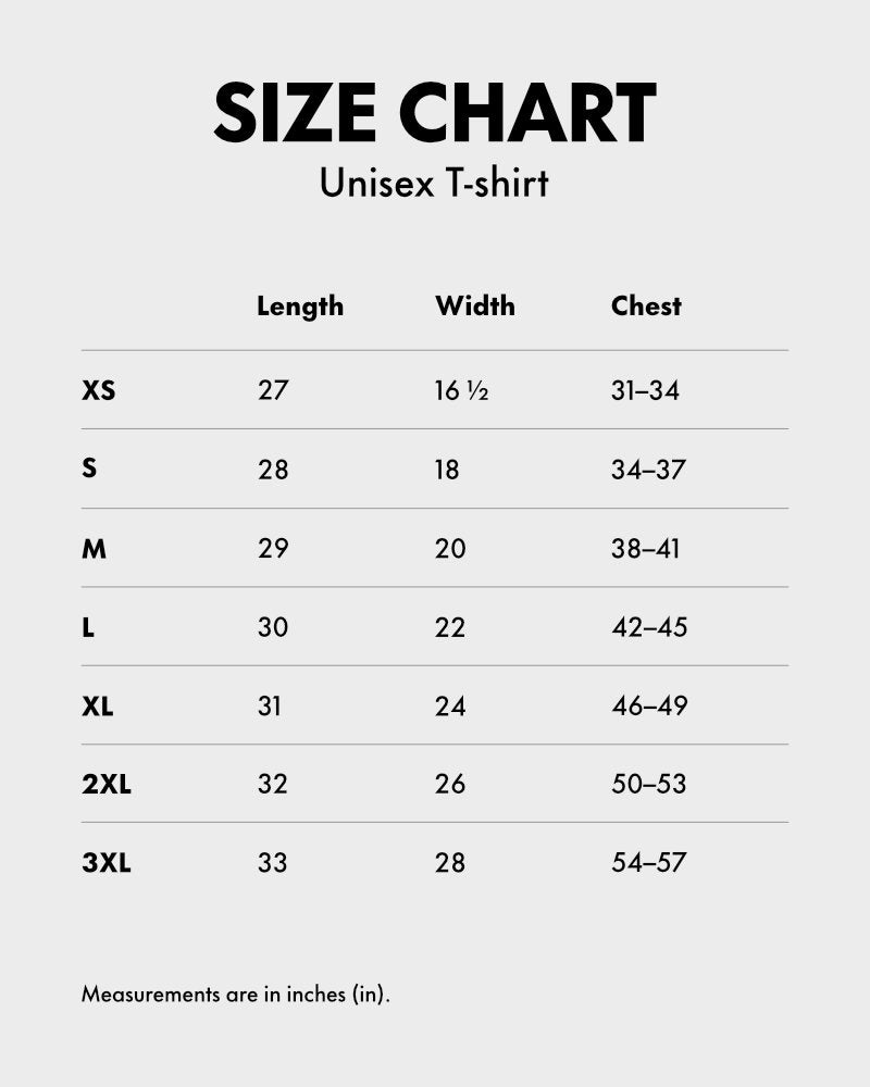 Unisex t-shirt size chart