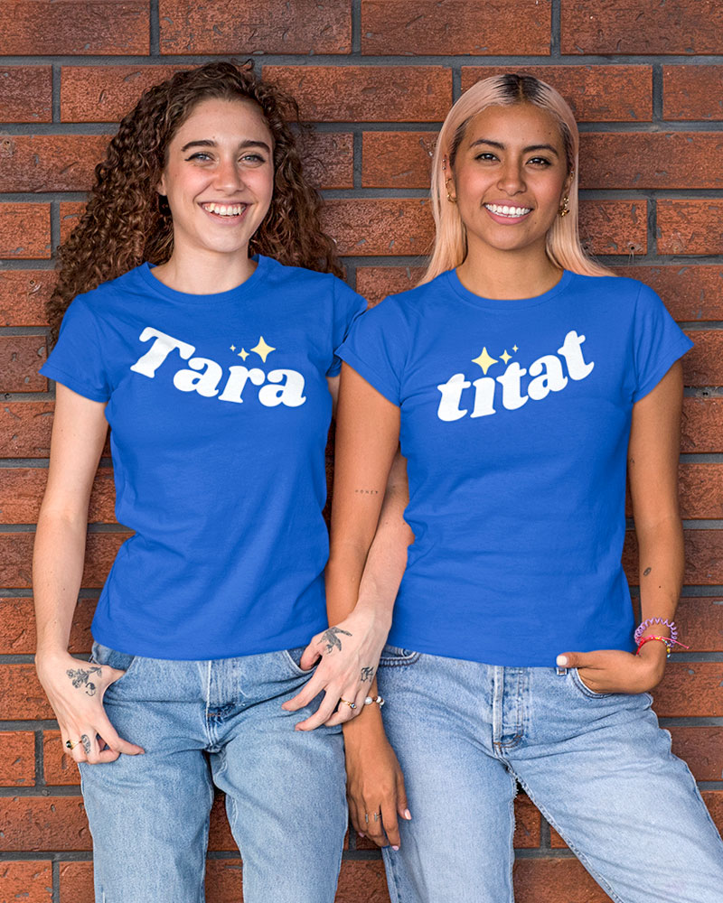 Two friends wearing matching t-shirts